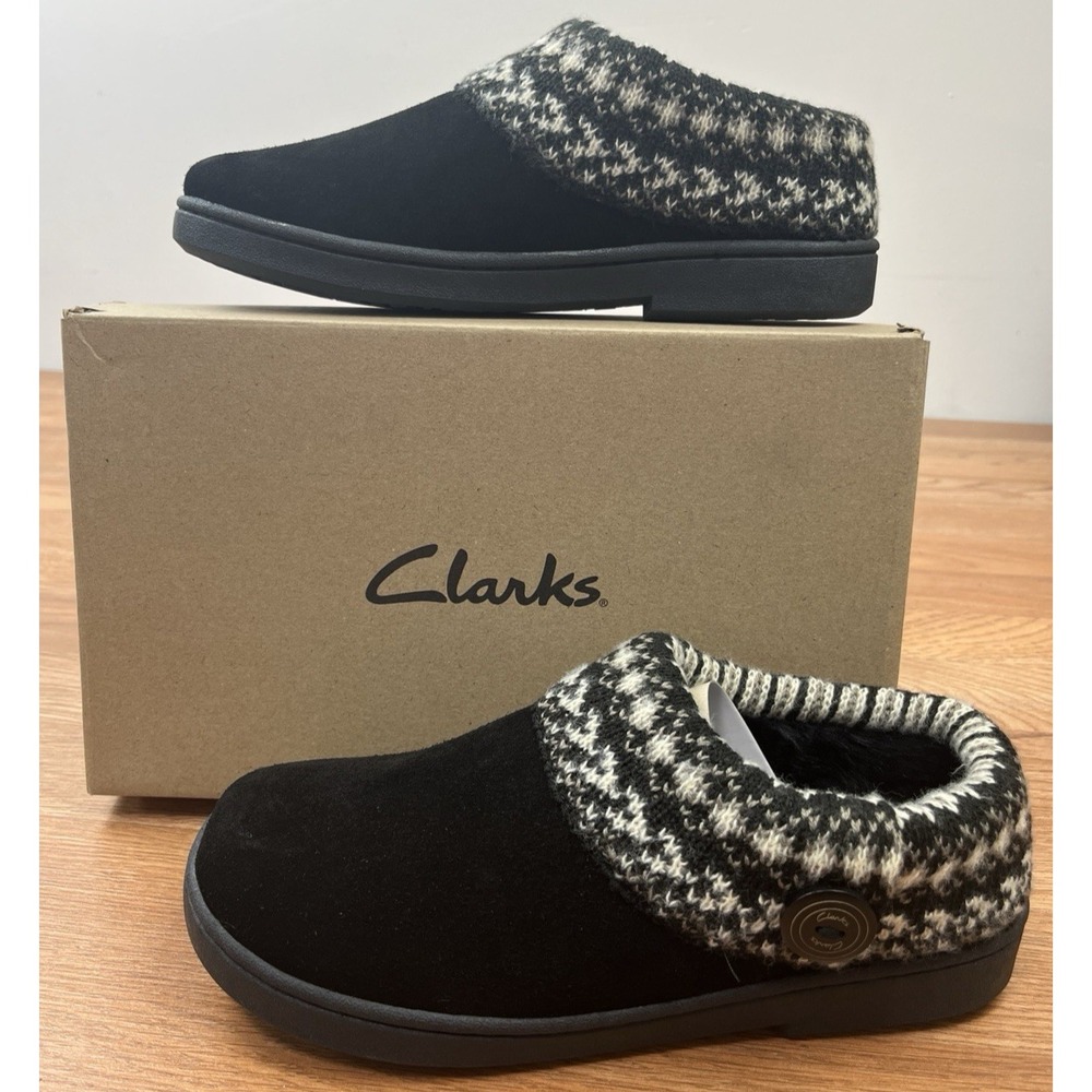 Clarks Sweater Clog Suede Slippers Women's Size 9 in Black Indoor/Outdoor NEW